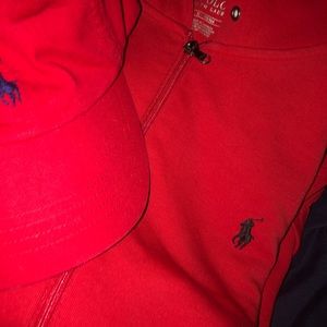 Red polo sweater with matching cap